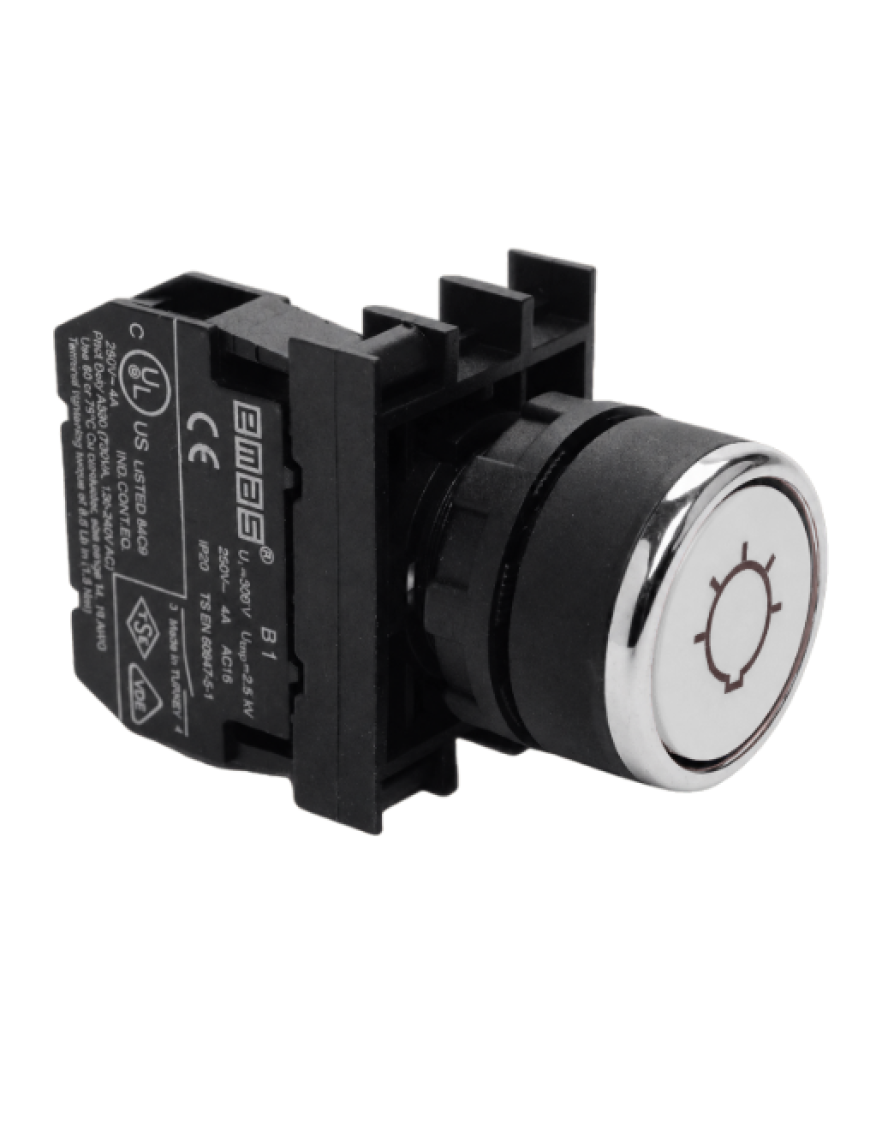 Emas B100DBL B Serisi Plastik 1NO Yaylı Düz Beyaz (Light) İşareti Baskılı 22 mm Buton Emas B100Dbl B Start Lıght Baskılı Beyaz