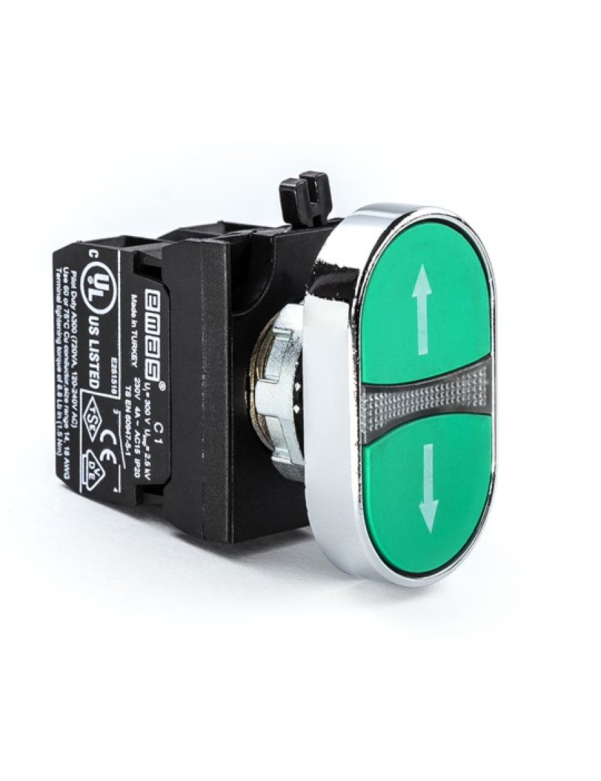Emas CM101K20YYOK CM Serisi Metal 2NO Çiftli Düz Yeşil-Yeşil (Ok) İşareti Baskılı 22 mm Buton Emas Cm101K20Yyok C Somunlu Metal Çift Yeşil Ok Baskılı 2Na