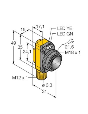 Turck RO20M-BT18-VP6X2-H1141 Fotoelektrik Sensör , Karşılıklı (Alıcı Tarafı),  Silindirik/Kübik Gövde, 20m. Algılama, PNP,M12 Konnektörlü